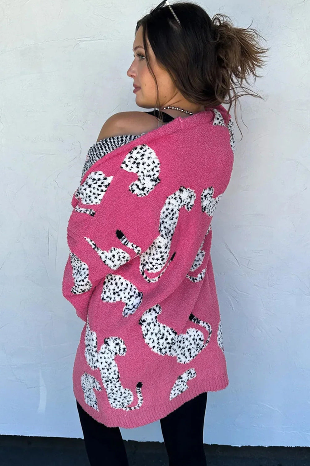 Cheetah Pattern Open Front Knitted Cardigan