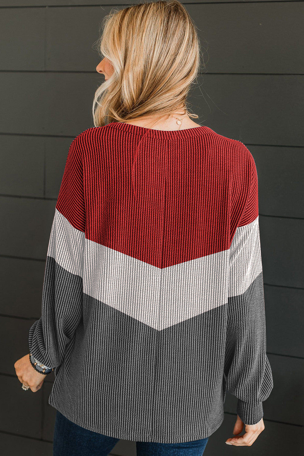 Color Block Corded Texture Long Sleeve Top