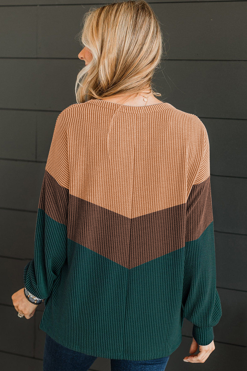 Color Block Corded Texture Long Sleeve Top