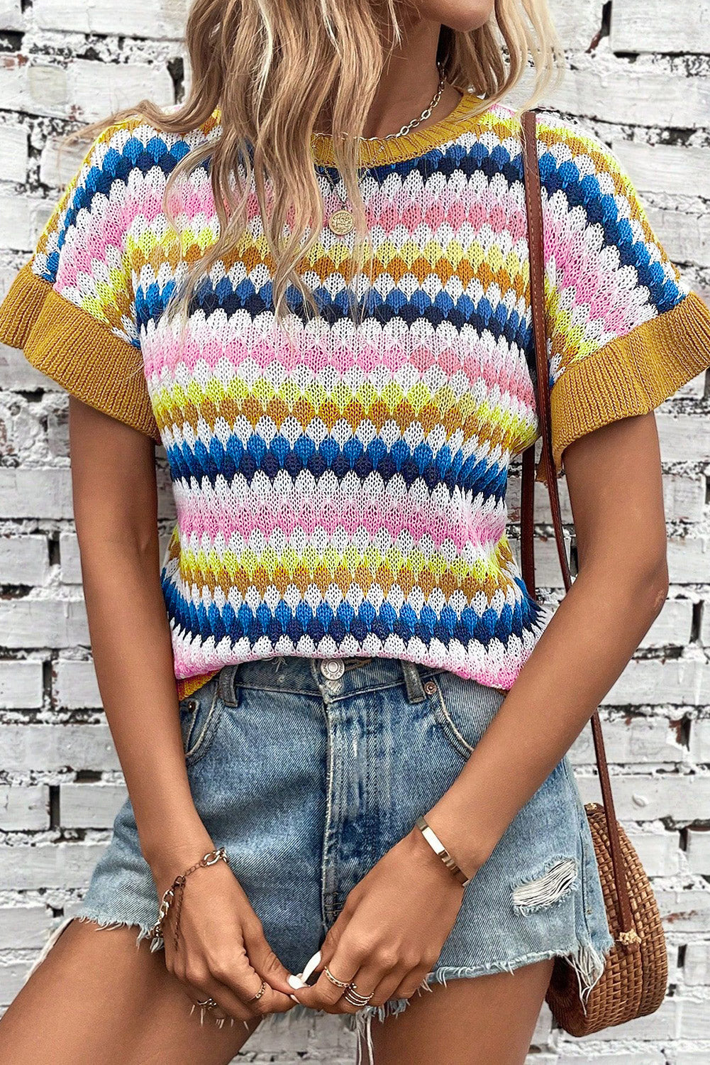 Ruffle Sleeve Colorful Textured Sweater