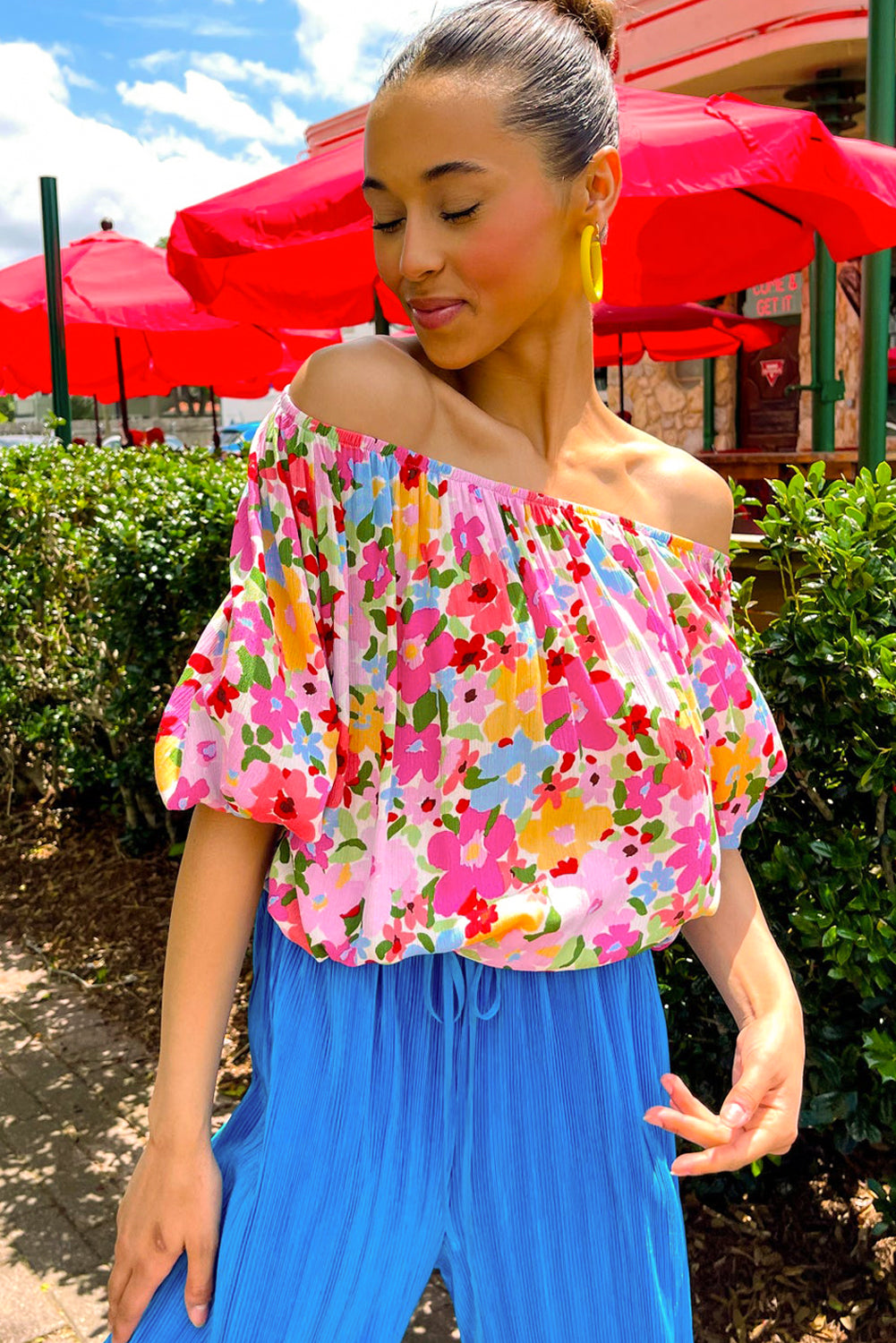 Floral Puff Sleeve Elastic Neckline Top