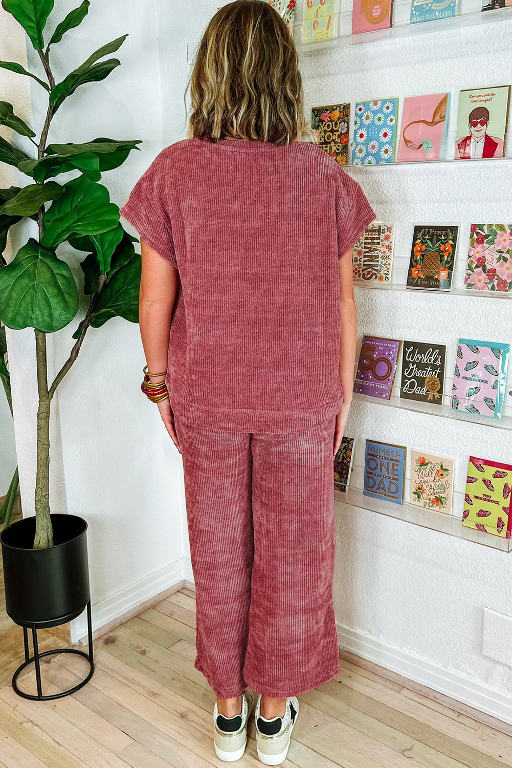 Wash Corduroy Short Sleeve and Crop Pants Set