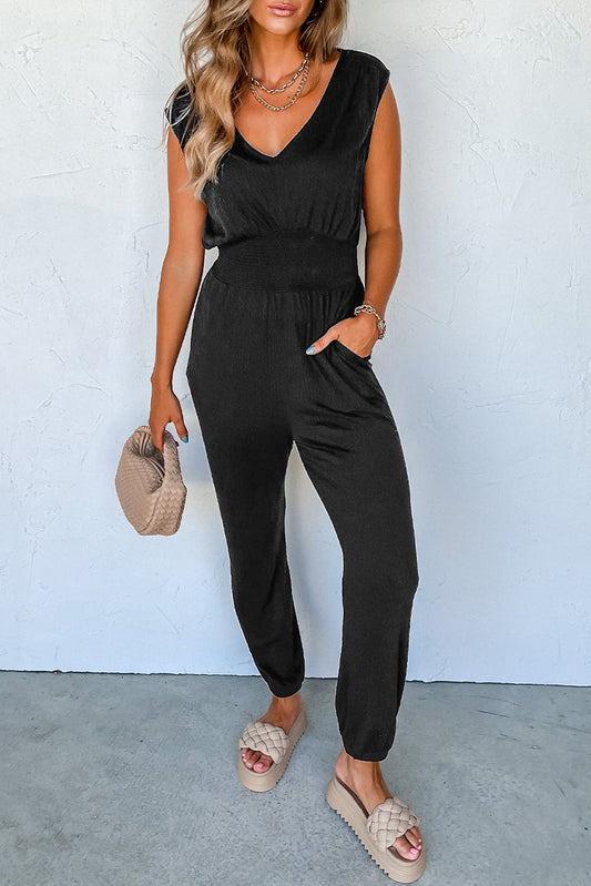 High Waist Sleeveless V Neck Jumpsuit