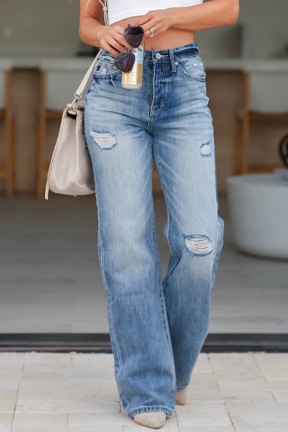 High Rise Distressed Straight Leg Jeans