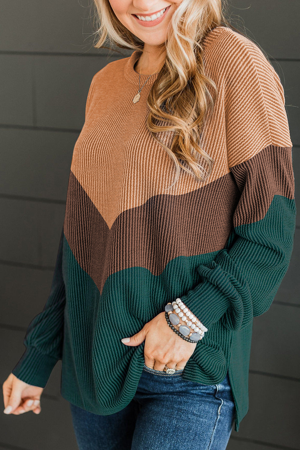 Color Block Corded Texture Long Sleeve Top