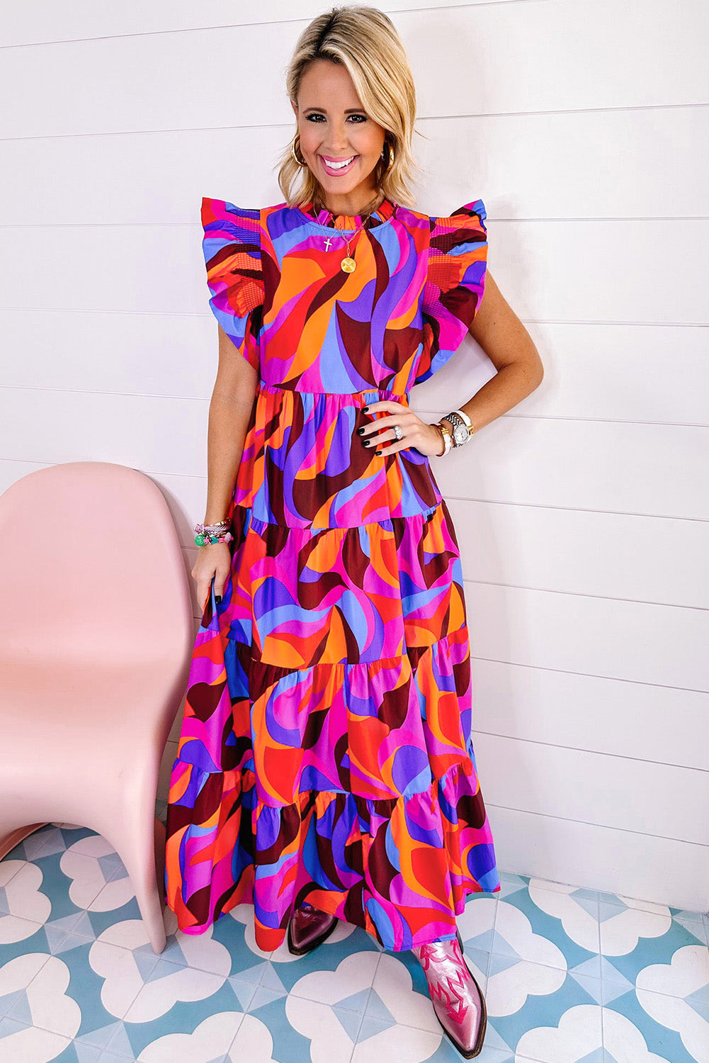 Abstract Printed Ruffle Tiered Long Dress