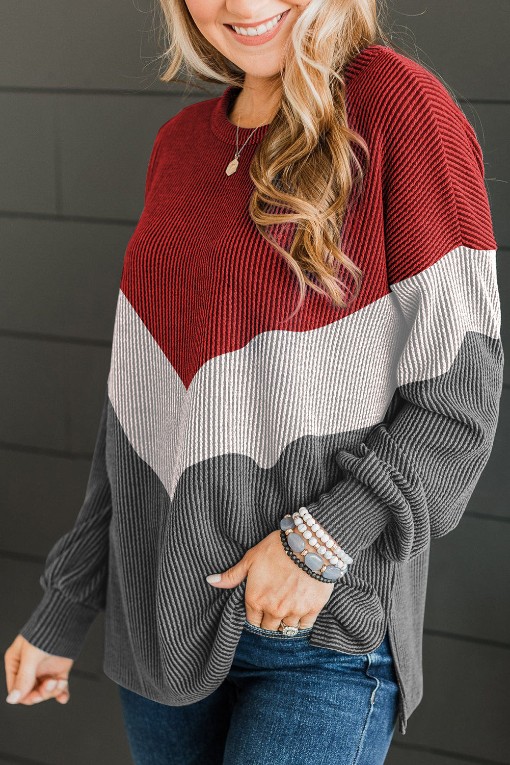 Color Block Corded Texture Long Sleeve Top