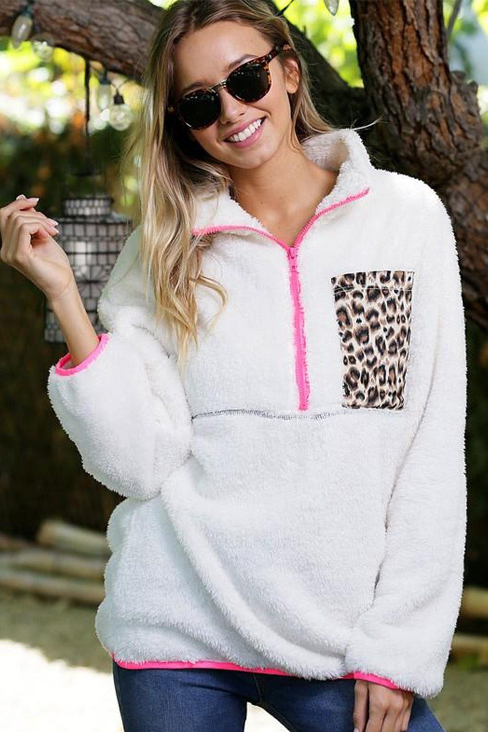 Leopard Patch Pocket Half Zipped Fleece Sweatshirt