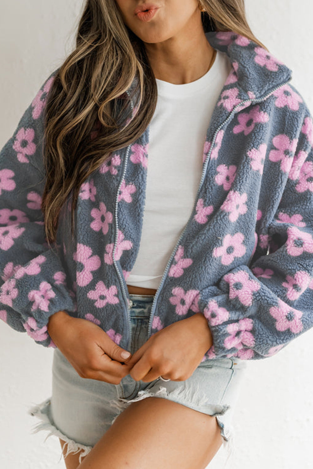 Flower Zip up Sherpa Jacket