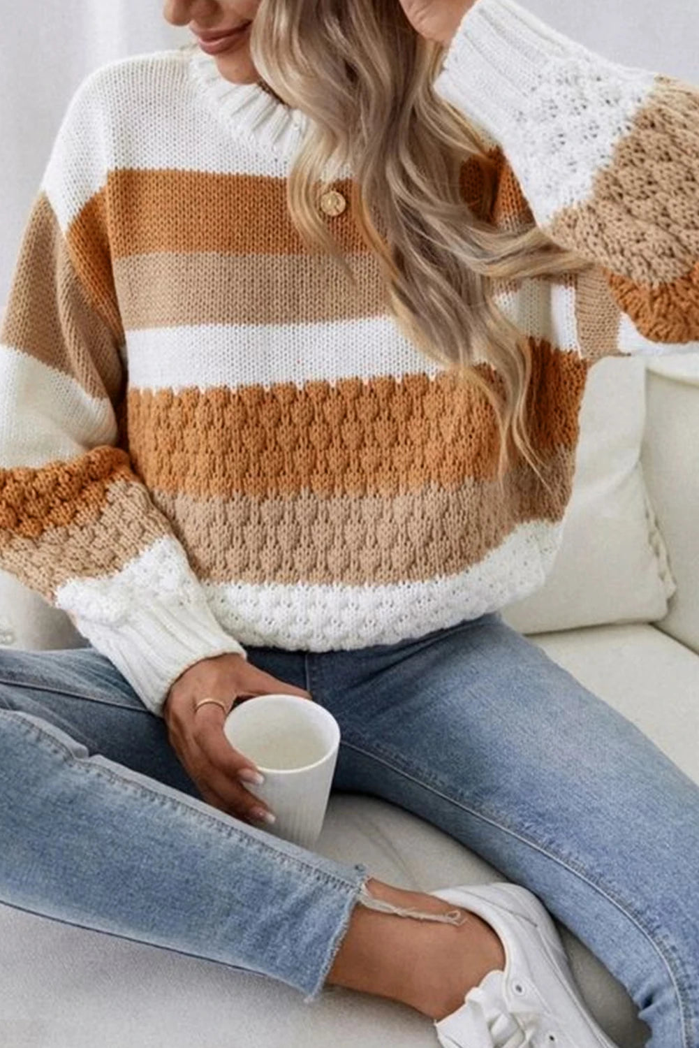 Striped Cable Knit Drop Shoulder Sweater