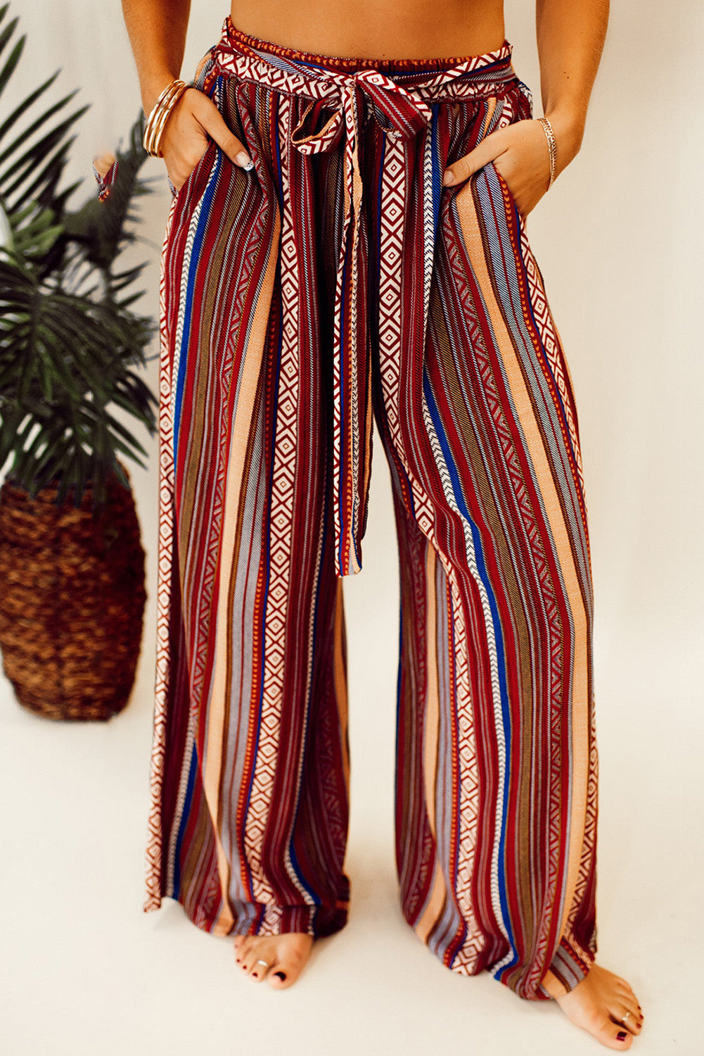 Striped Print Tie Waist Wide Leg Pants