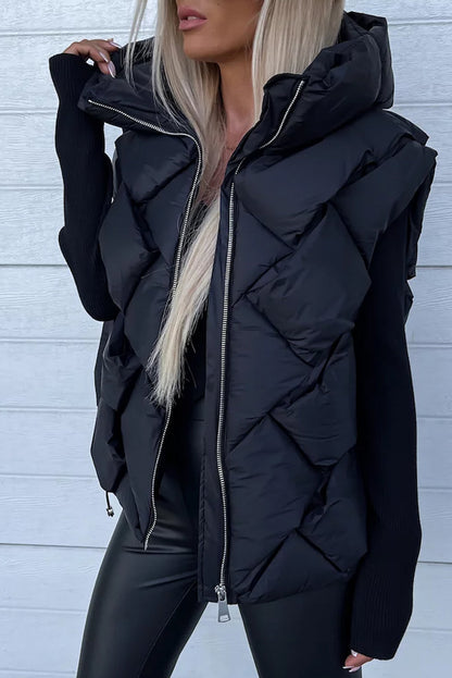 Quilted Zipper Front Hooded Vest Coat