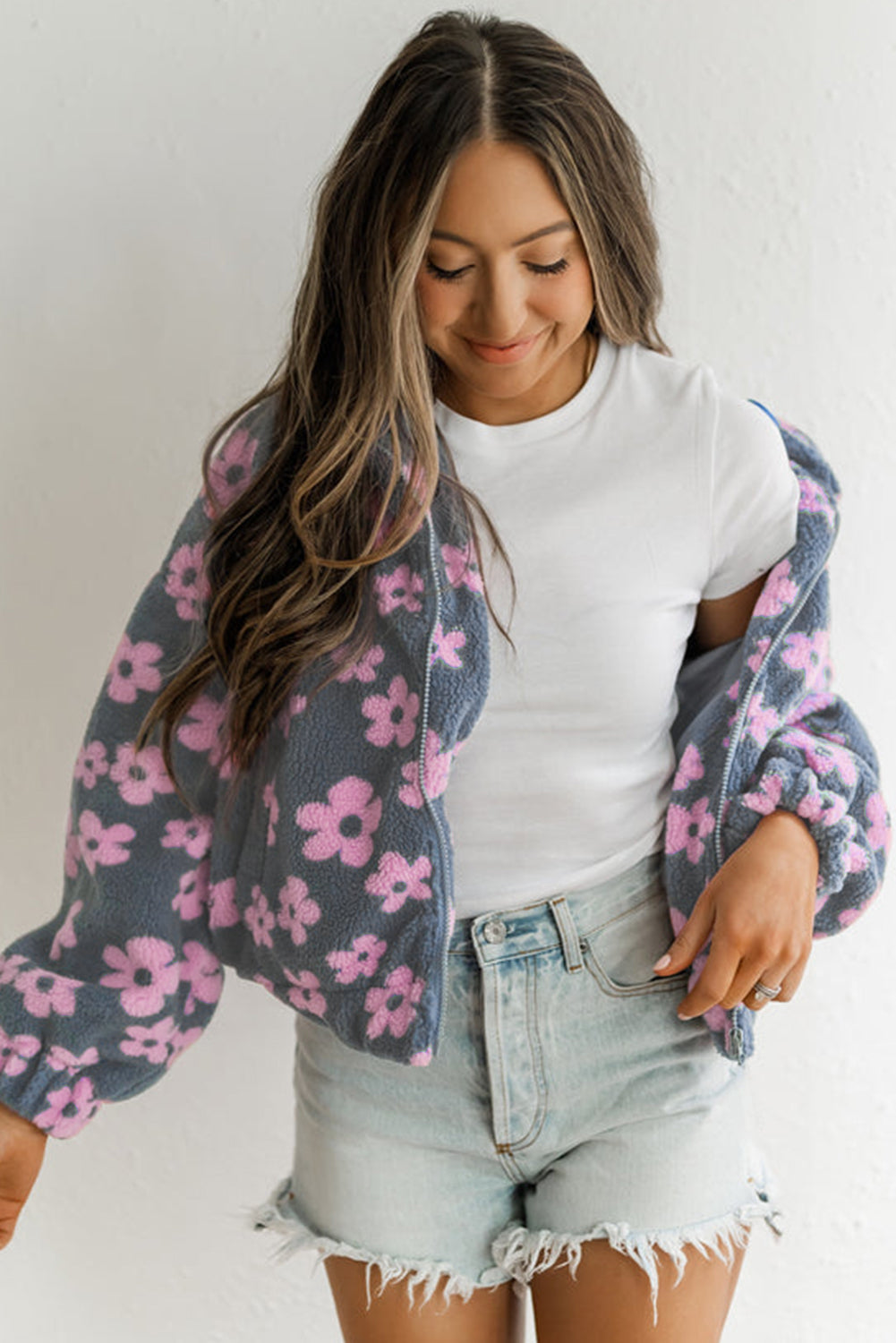 Flower Zip up Sherpa Jacket