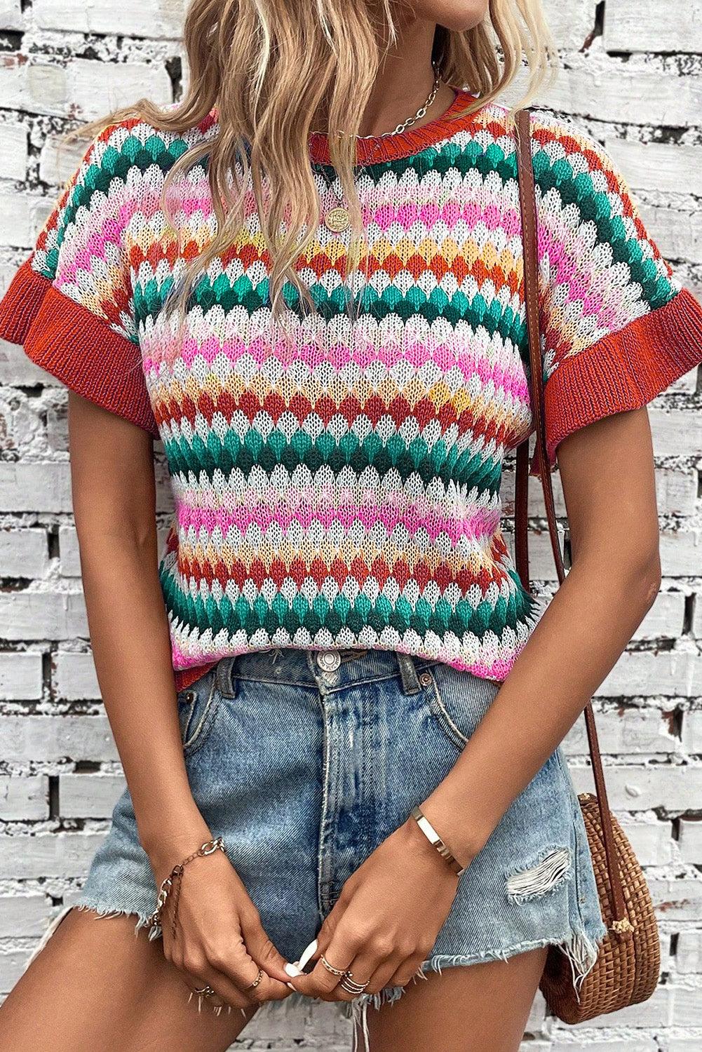 Ruffle Sleeve Colorful Textured Sweater