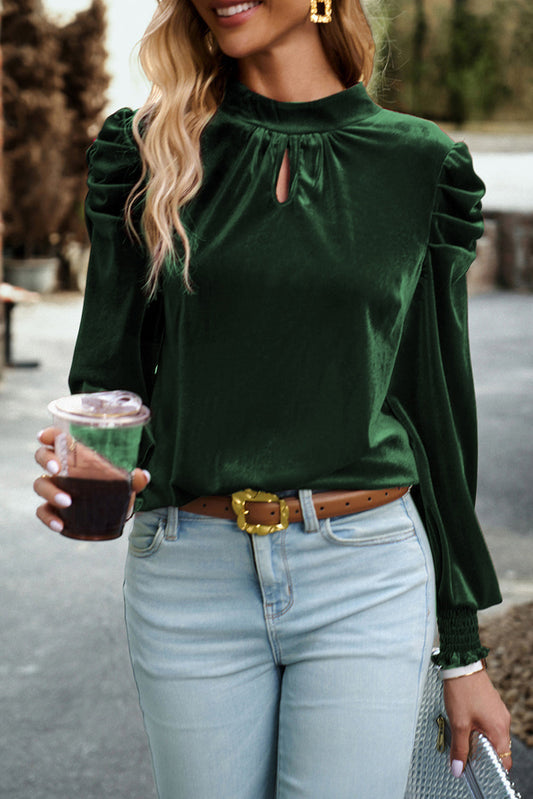 Mock Neck Puff Sleeve Velvet Blouse