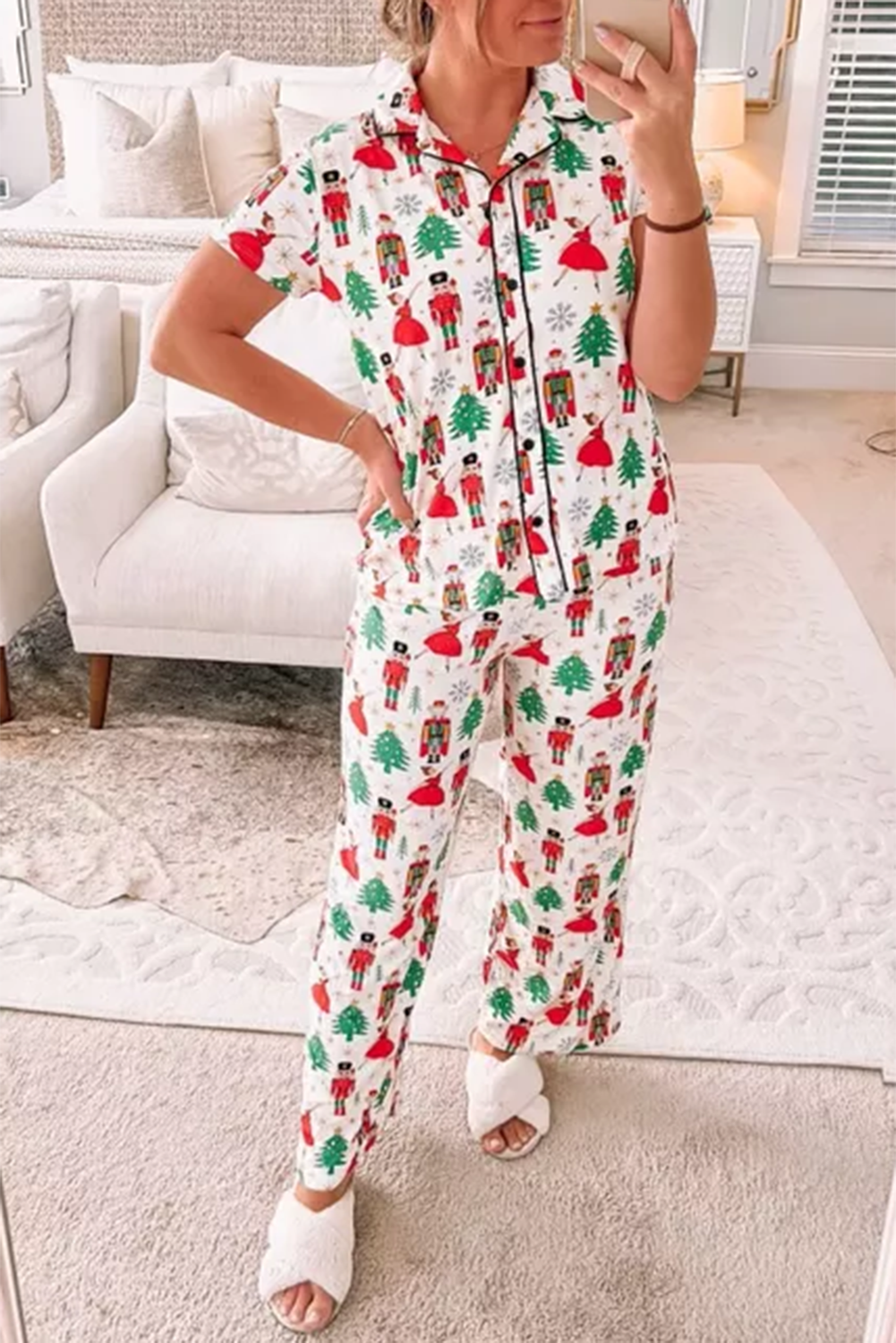 Christmas Tree Pattern Buttoned 2 Piece Sleepwear