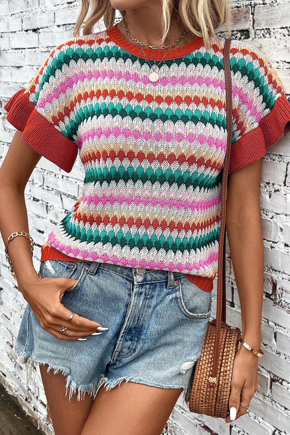 Ruffle Sleeve Colorful Textured Sweater