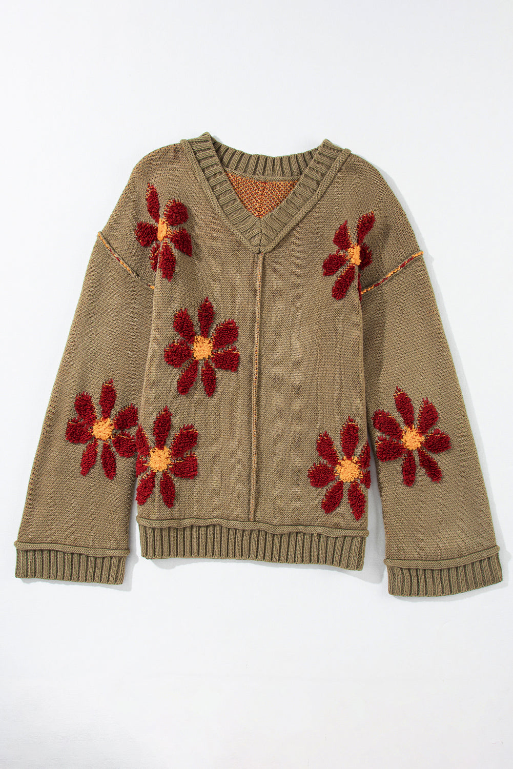 Flower Knit Ribbed Trim Sweater