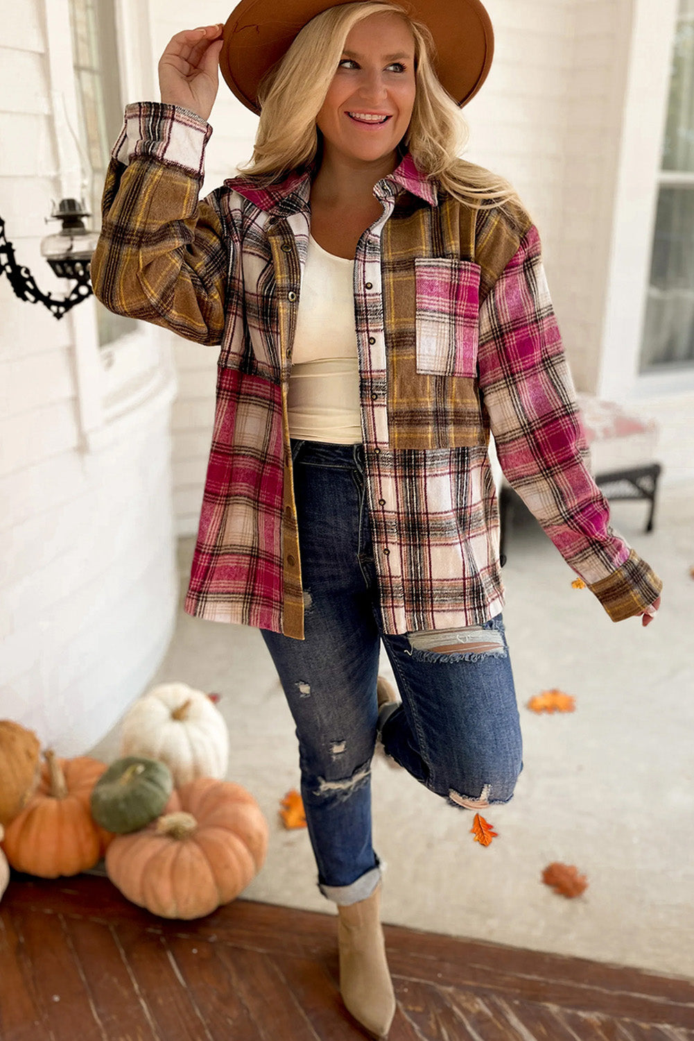 Plaid Print Snap Button Long Sleeve Jackets