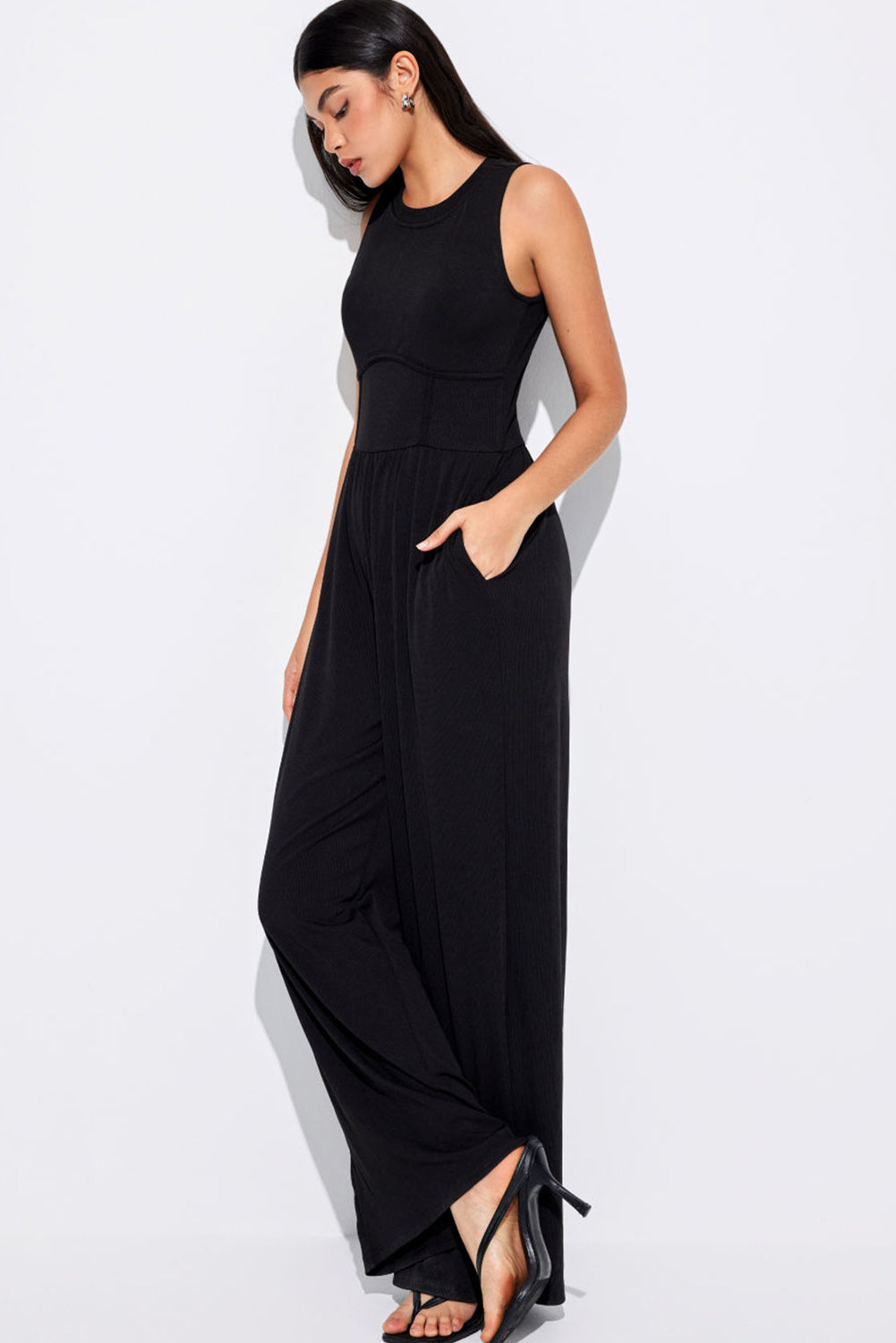 Cinched Waist Sleeveless Wide Leg Jumpsuit