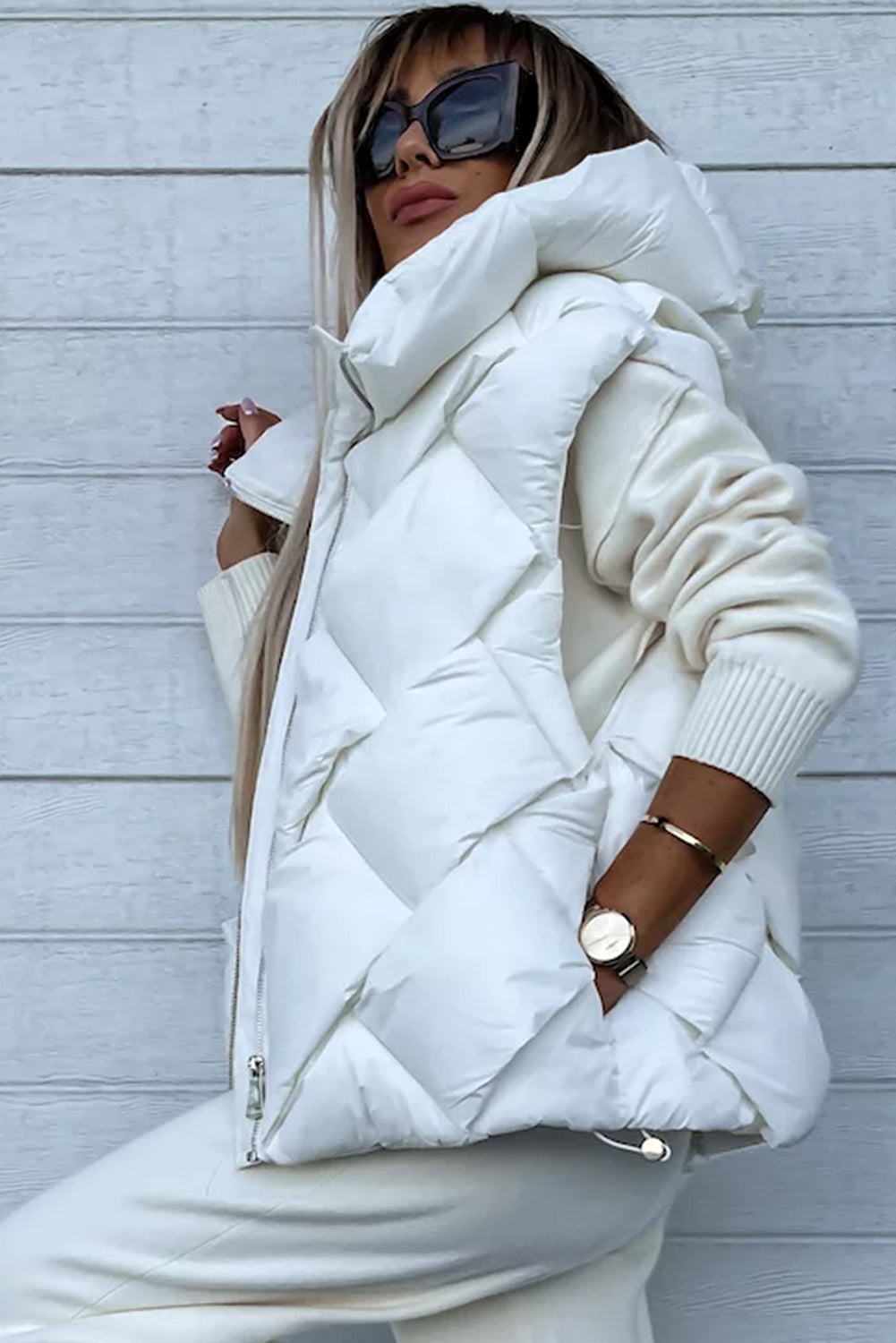 Quilted Zipper Front Hooded Vest Coat