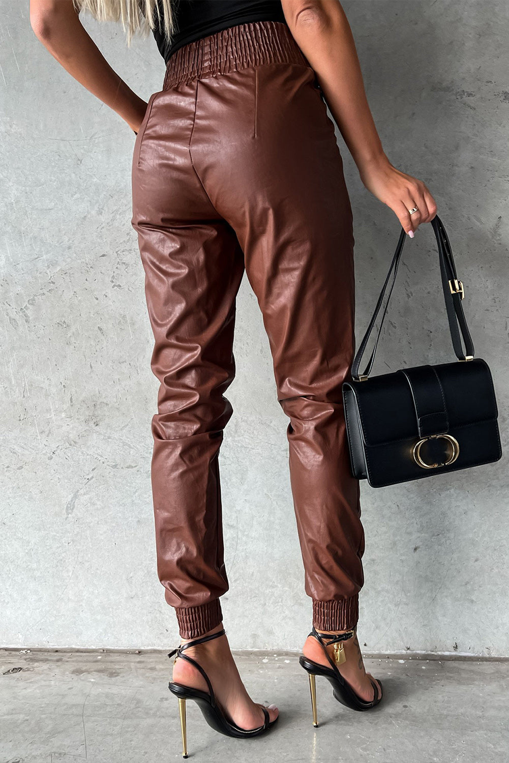 Smocked High-Waist Leather Skinny Pants