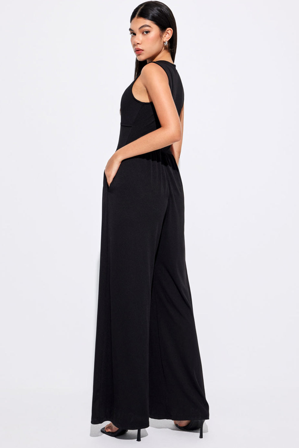 Cinched Waist Sleeveless Wide Leg Jumpsuit