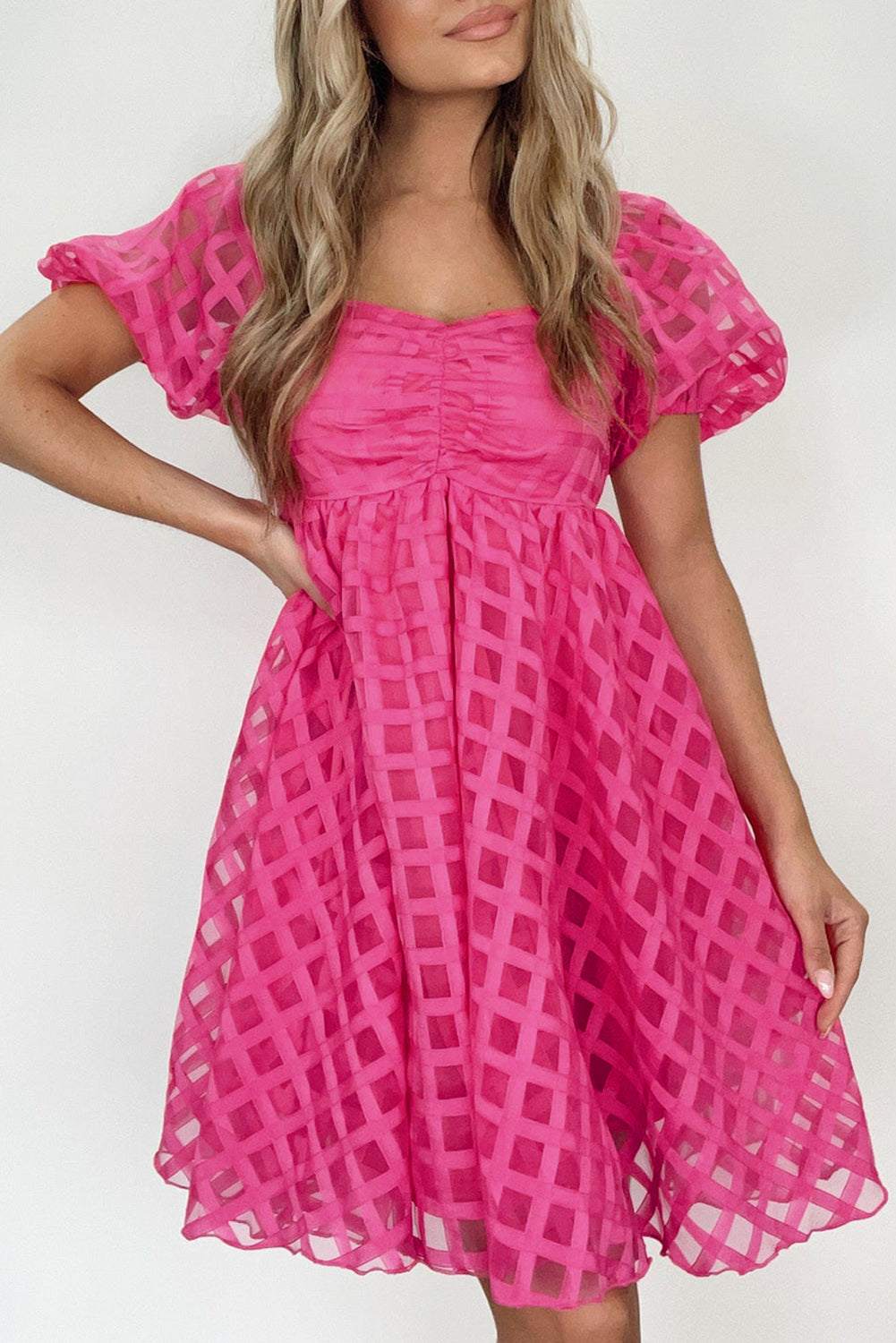 Pink Checkered Puff Sleeve Babydoll Dress