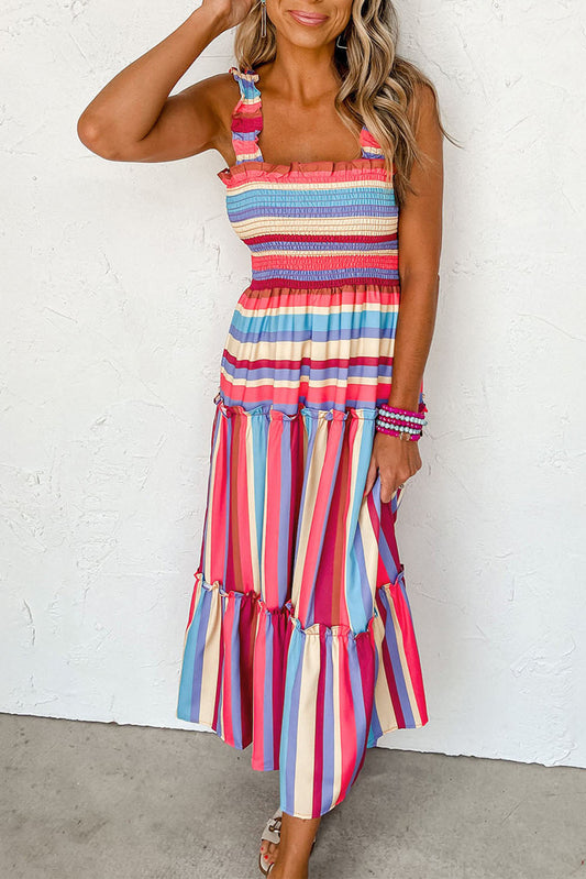 Ruffled Straps Smocked Tiered Long Dress