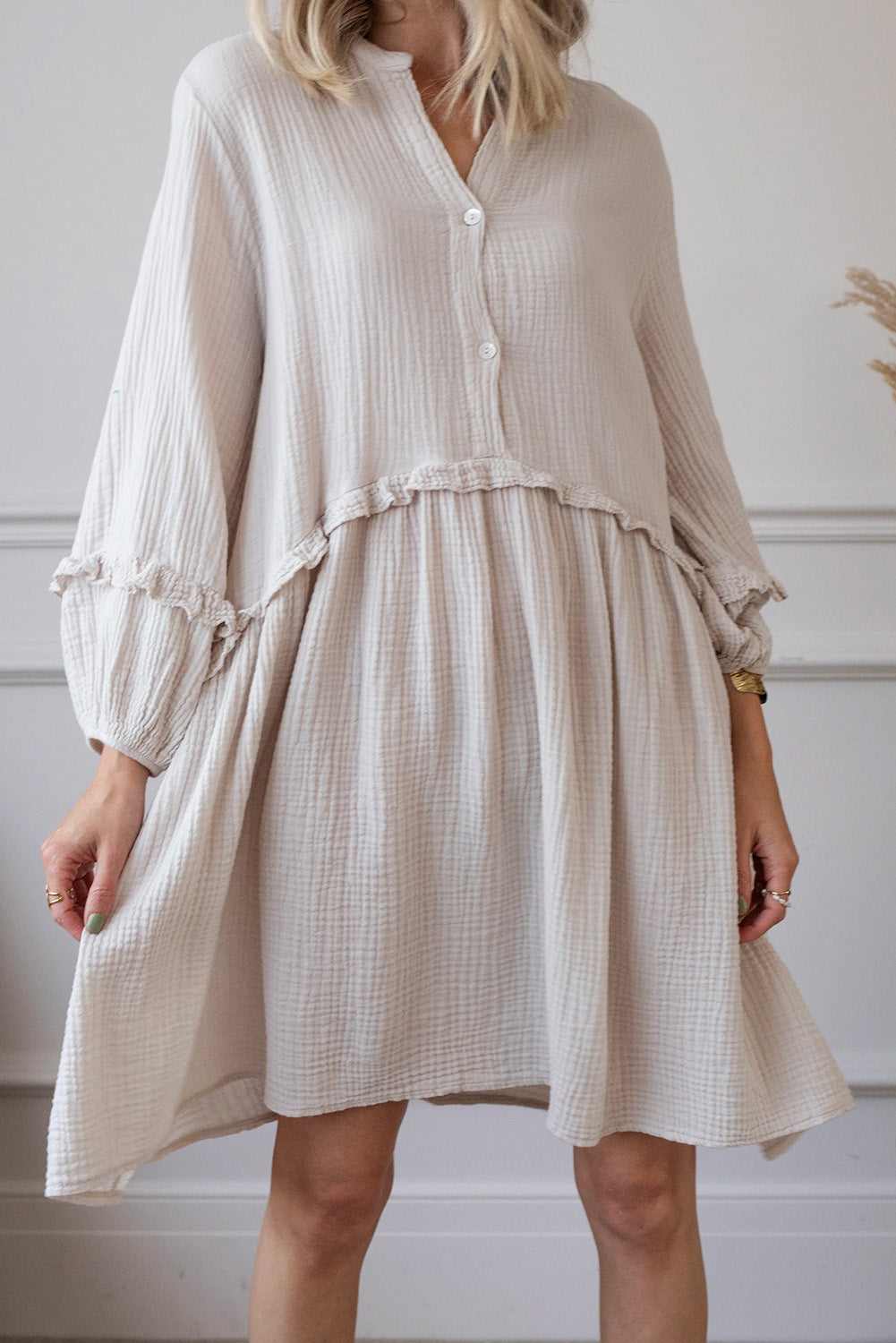 Frill Trim Half Buttoned Textured Dress