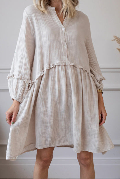 Frill Trim Half Buttoned Textured Dress