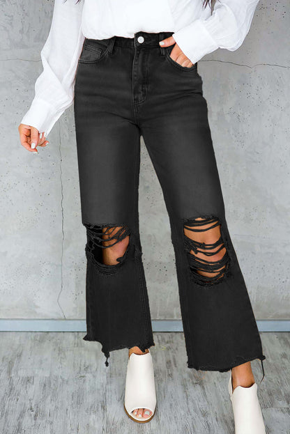 Distressed Hollow-out High Waist Cropped Jeans