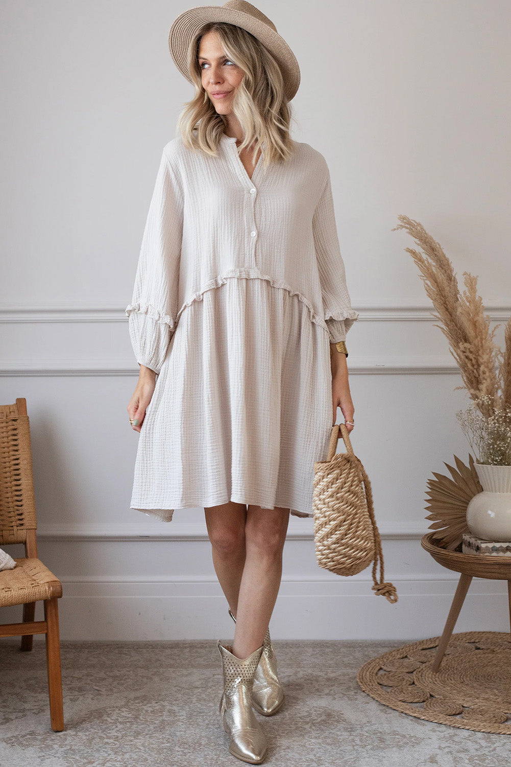 Frill Trim Half Buttoned Textured Dress