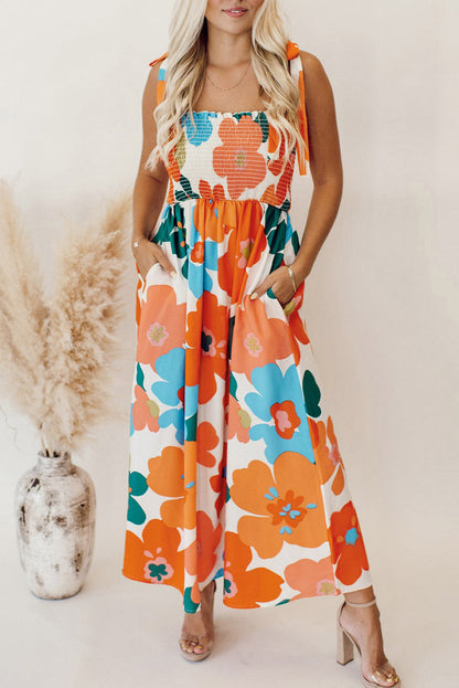 Floral Self Tied Straps Smocked Bust Maxi Dress