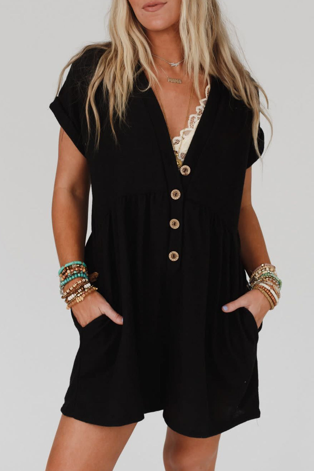 V Neck Buttons Loose Cuffed Short Sleeve Romper