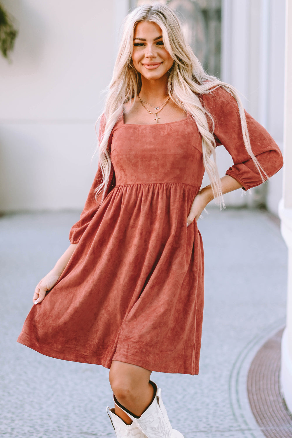 Suede Square Neck Puff Sleeve Dress