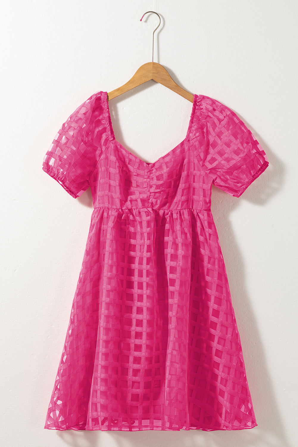 Pink Checkered Puff Sleeve Babydoll Dress