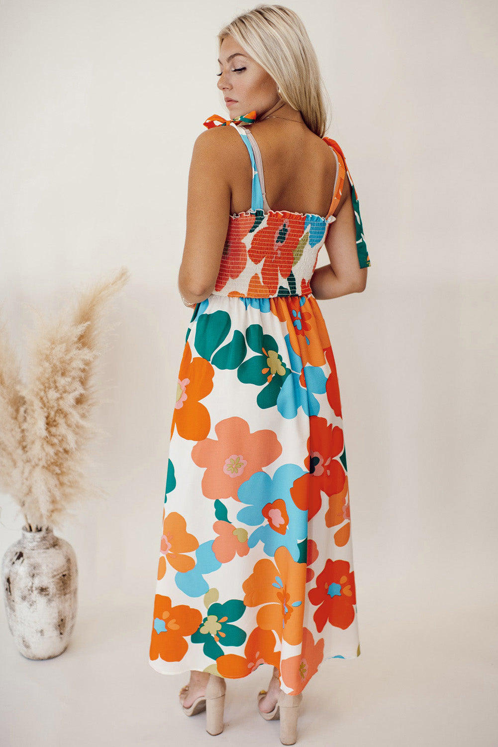 Floral Self Tied Straps Smocked Bust Maxi Dress