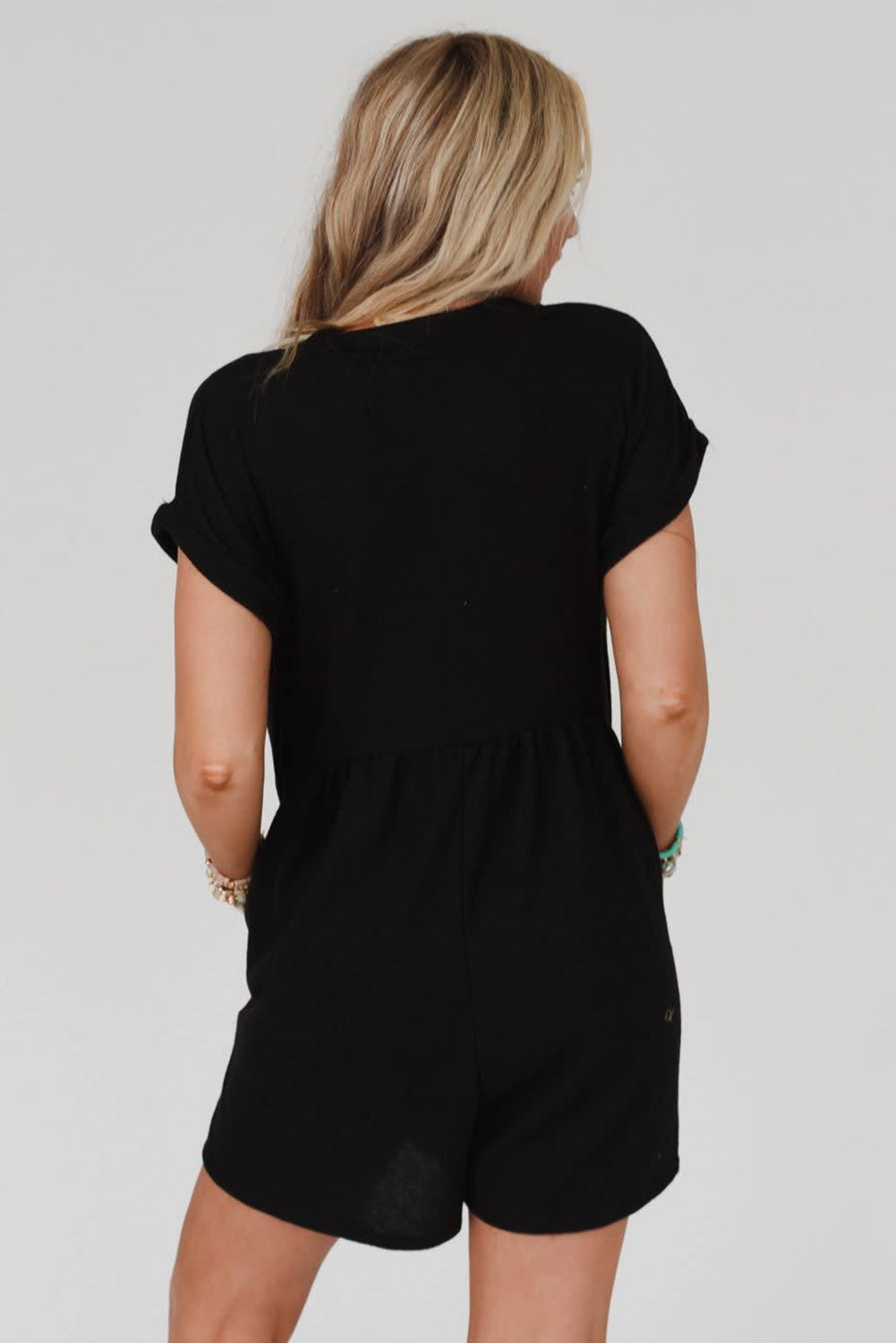 V Neck Buttons Loose Cuffed Short Sleeve Romper