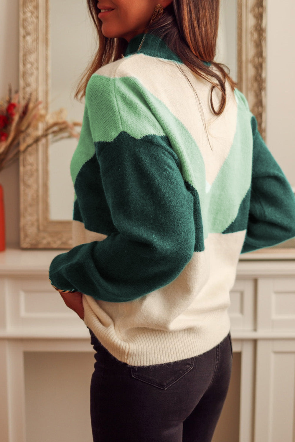 Geometric Color Block Knit Button V Neck Sweater