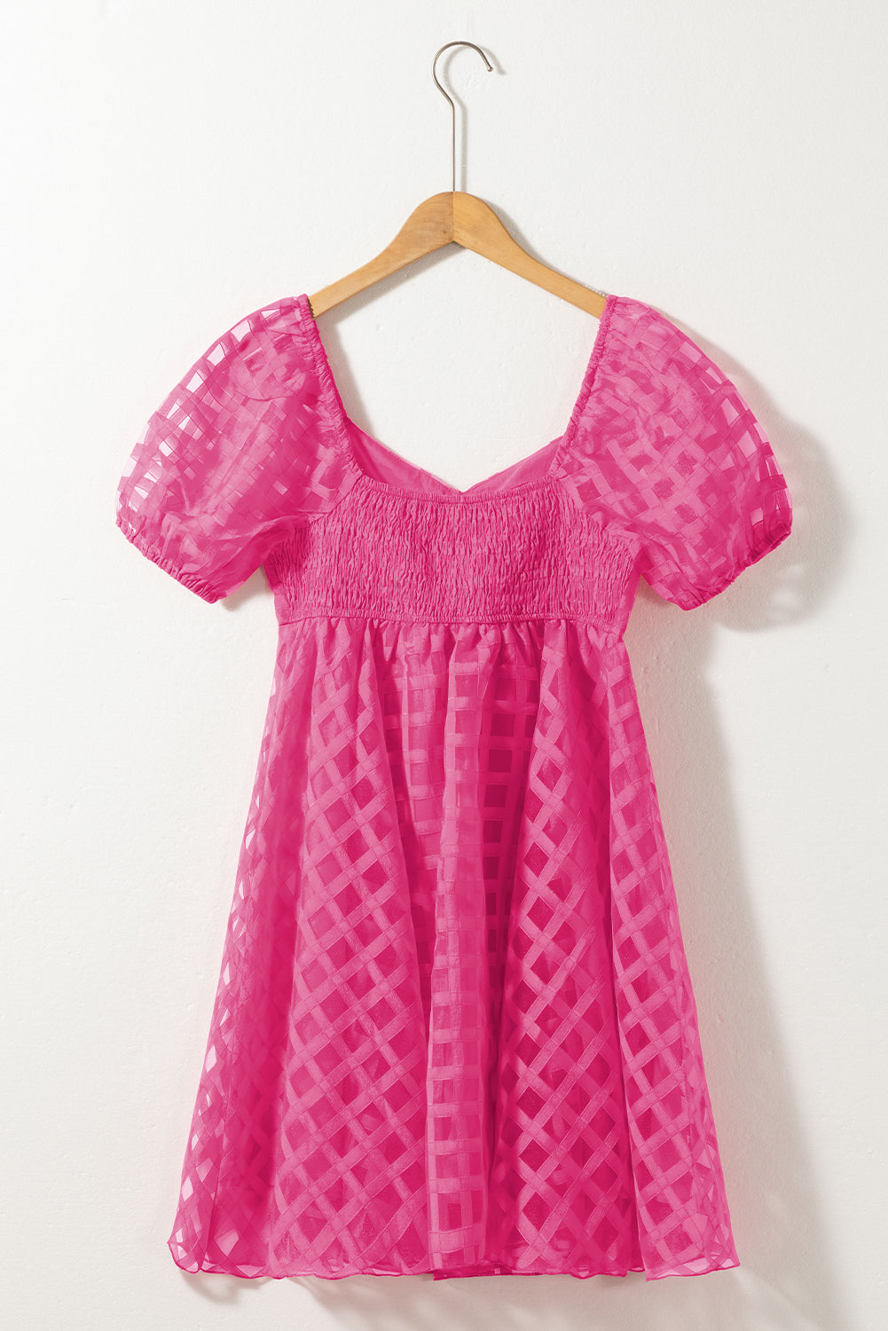 Pink Checkered Puff Sleeve Babydoll Dress