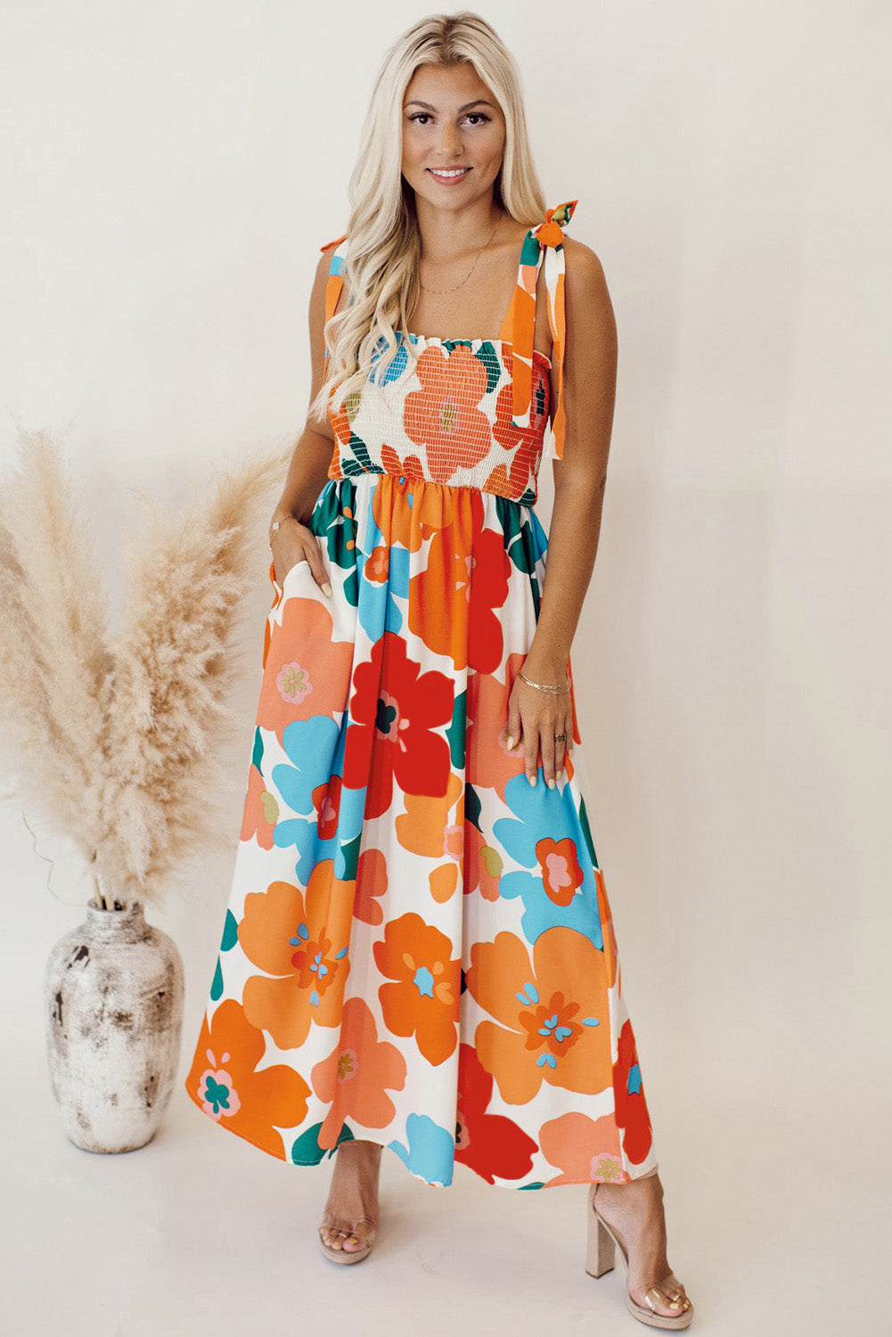 Floral Self Tied Straps Smocked Bust Maxi Dress