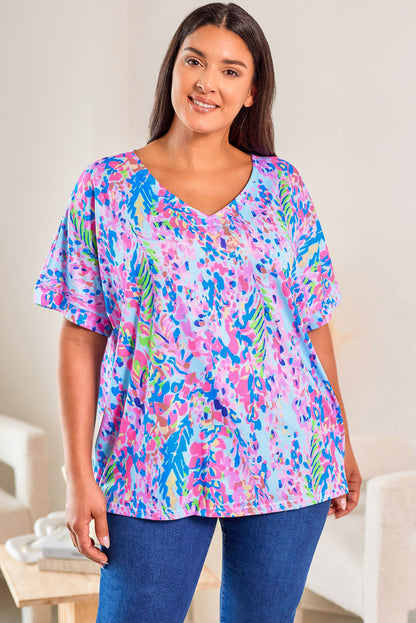 Plus Size Plant Print V Neck T-shirt