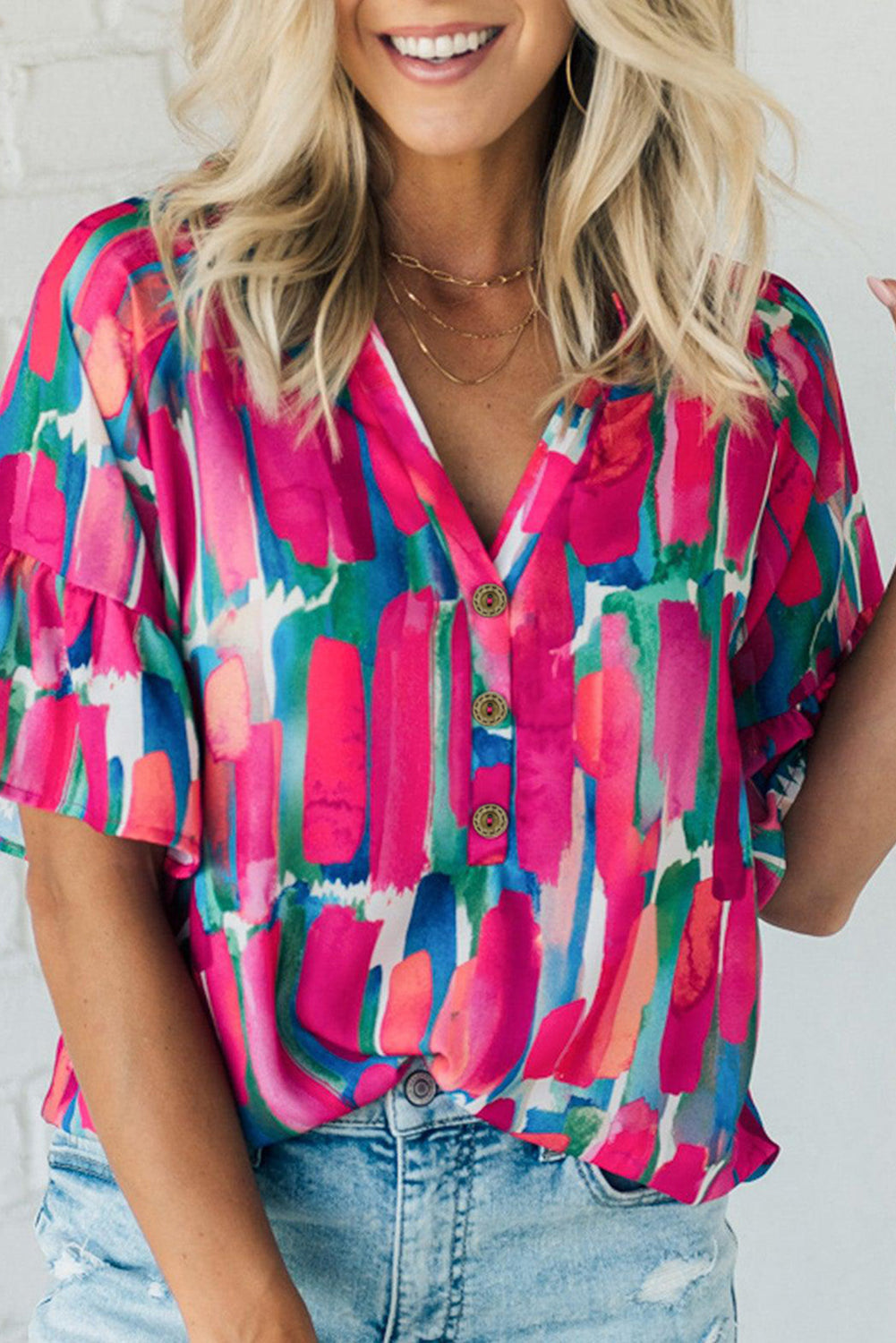 Abstract Brushwork Print Buttoned Blouse