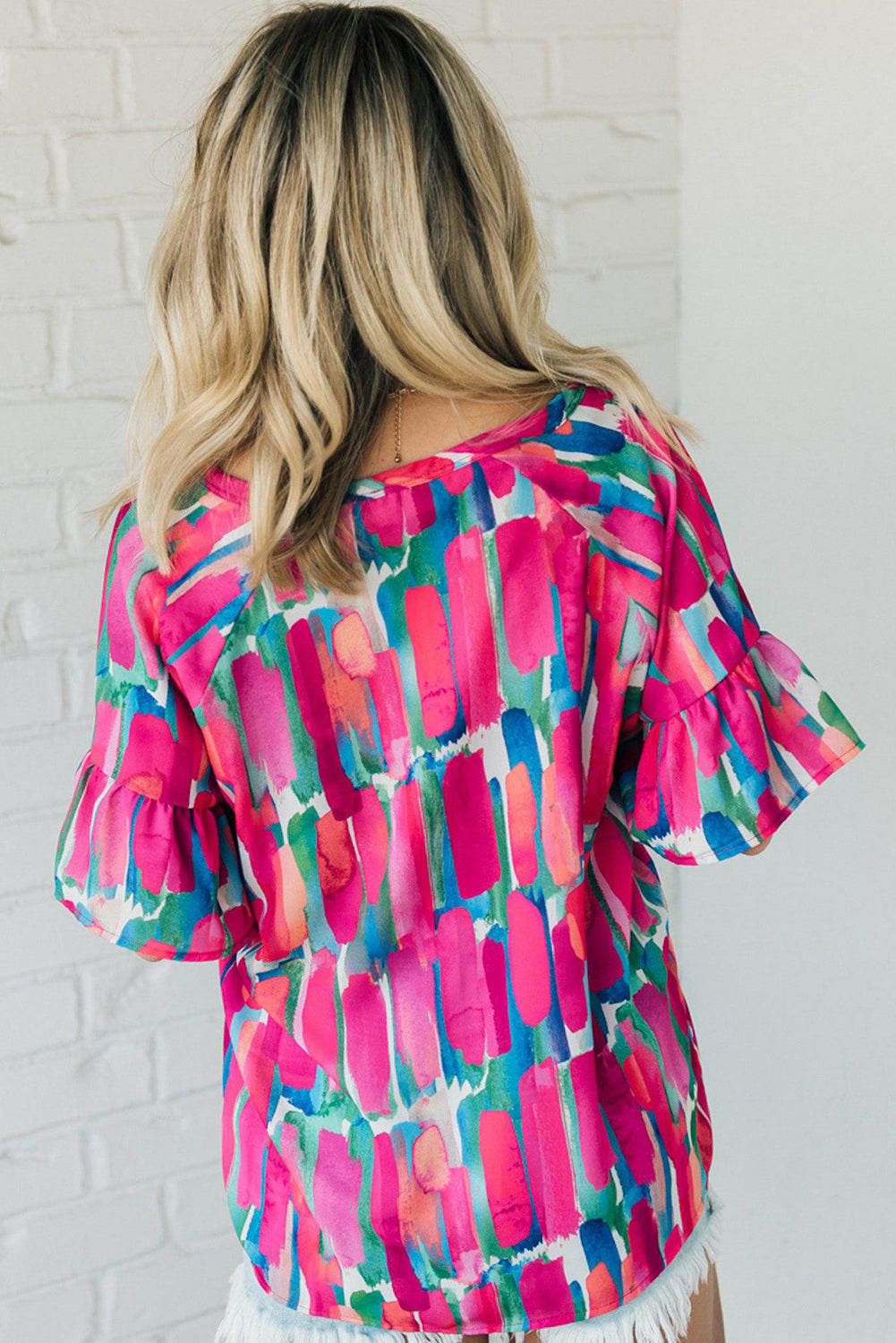 Abstract Brushwork Print Buttoned Blouse