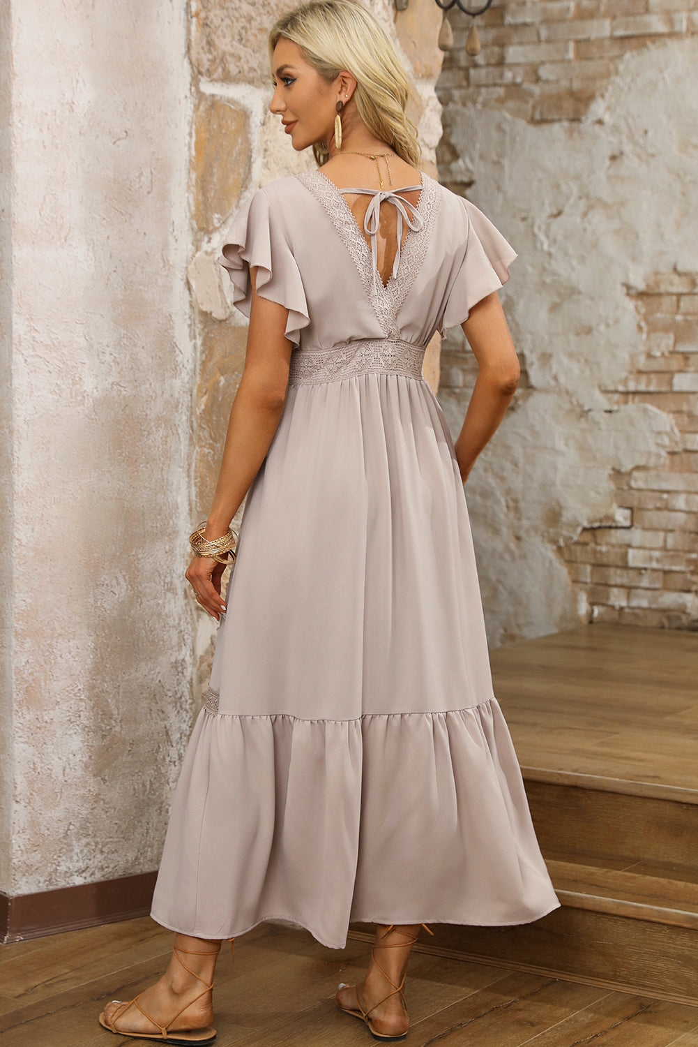 V Neck Ruffled Sleeve Empire Waist Dress