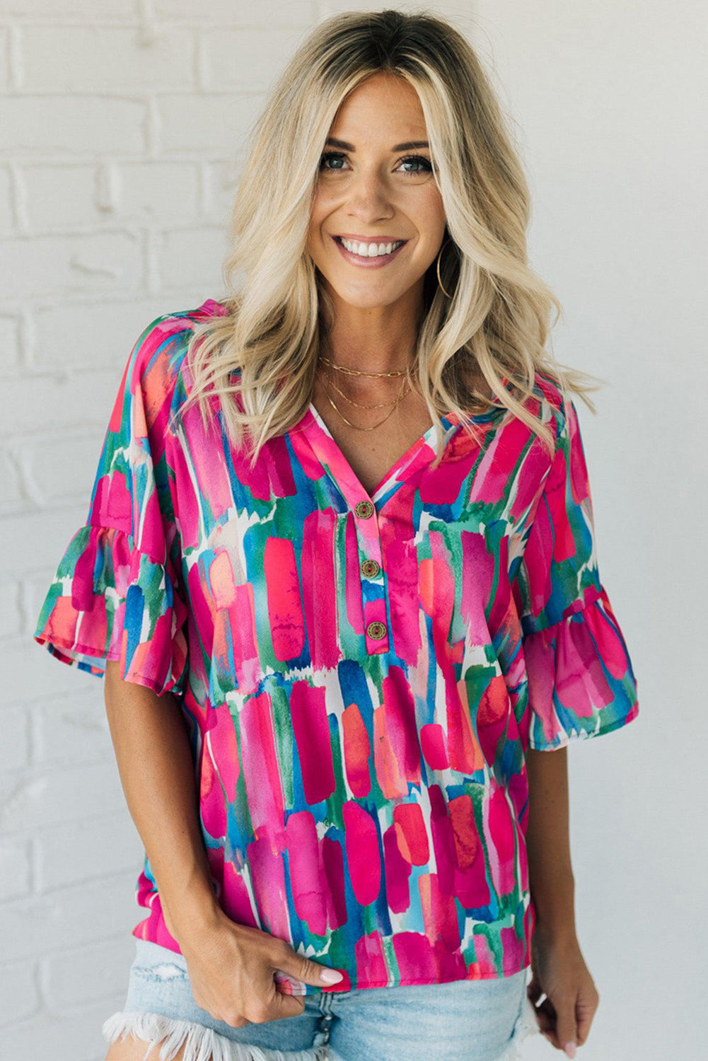 Abstract Brushwork Print Buttoned Blouse