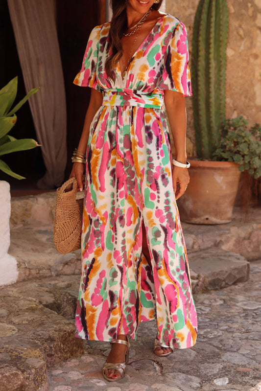 (Pre order/3.26)Boho Tie-dye Print V Neck Maxi Dress