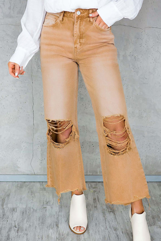 Distressed Hollow-out High Waist Cropped Jeans