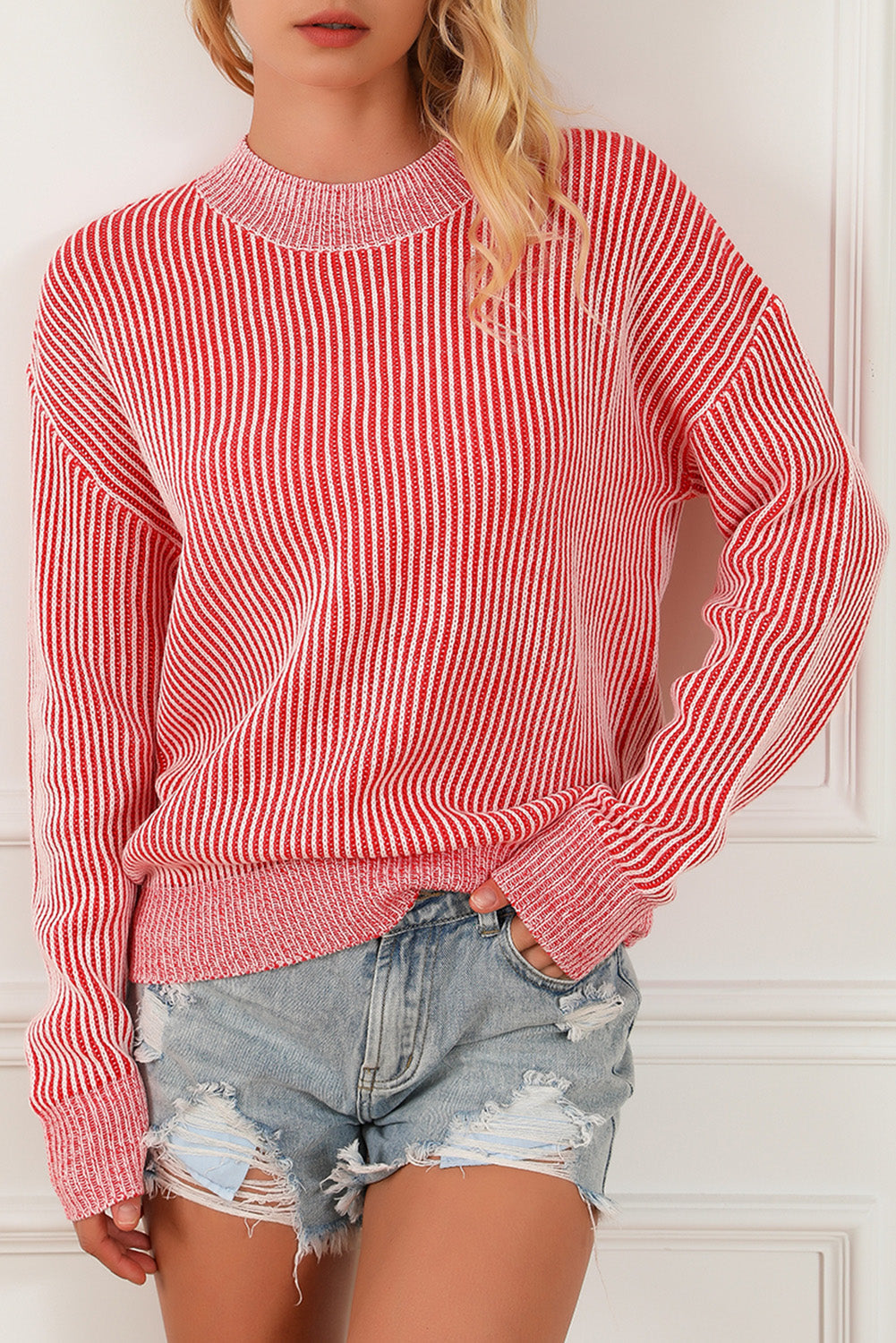 Ribbed Trim Round Neck Sweater